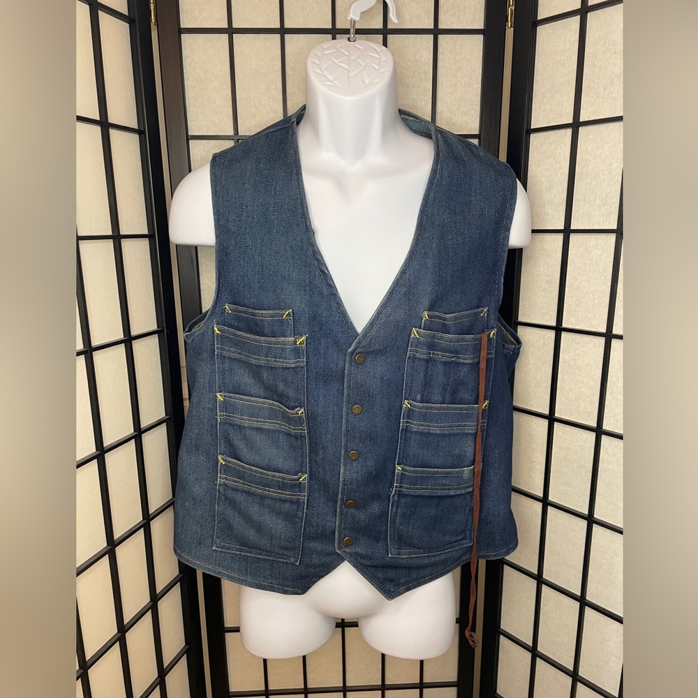 Vintage Large Blue Jean Denim Country Shotgun Rifle Hunter Vest By West Cal 45
